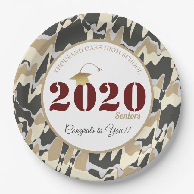 Personalized Tan Camouflage Pattern Graduation Paper Plates (Front)