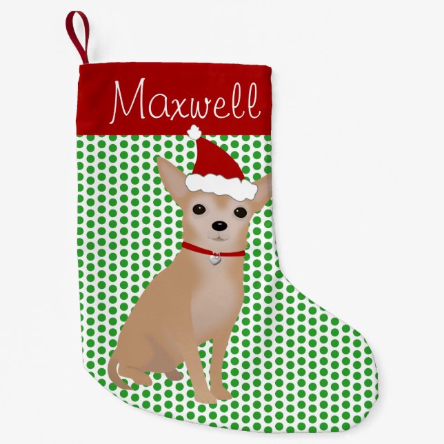 Personalized Tan Chihuahua and Green Polka Dots Small Christmas Stocking (Front)