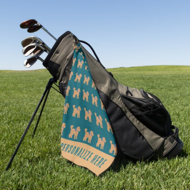 Personalized Tan Doodle Dog on Dark Blue Green Golf Towel (Personalize it!)