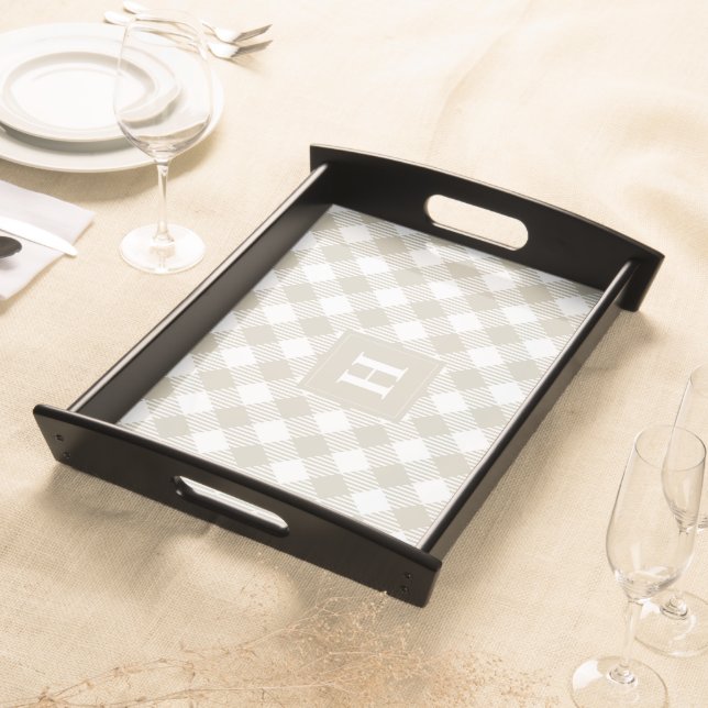 Personalized Tan Gingham Plaid Monogram Serving Tray (Front)
