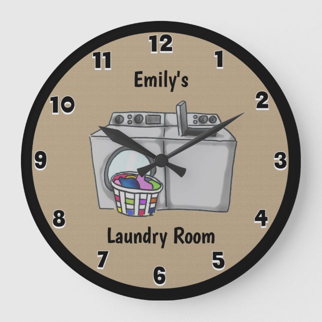 Personalized Tan Laundry Room Round Clock (Front)
