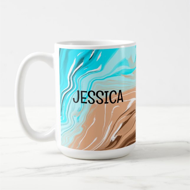 Personalized Tan to Blue Ombre Fluid Art   Coffee Mug (Left)