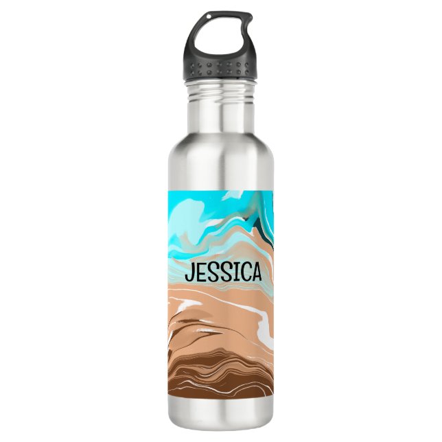 Personalized Tan to Blue Ombre Fluid Art Stainless Steel Water Bottle (Front)