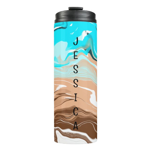 Personalized Tan to Blue Ombre Fluid Art Thermal Tumbler (Front)