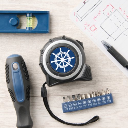 Personalized tape measure with nautical ship wheel