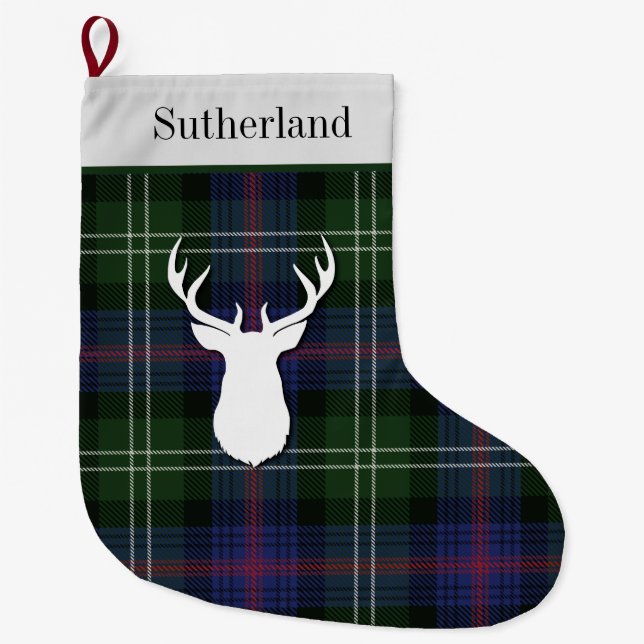 Personalized Tartan Clan Sutherland Green Purple Large Christmas Stocking (Front)