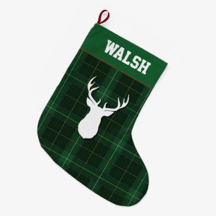 Personalized Tartan Deer Plaid Walsh Large Christmas Stocking