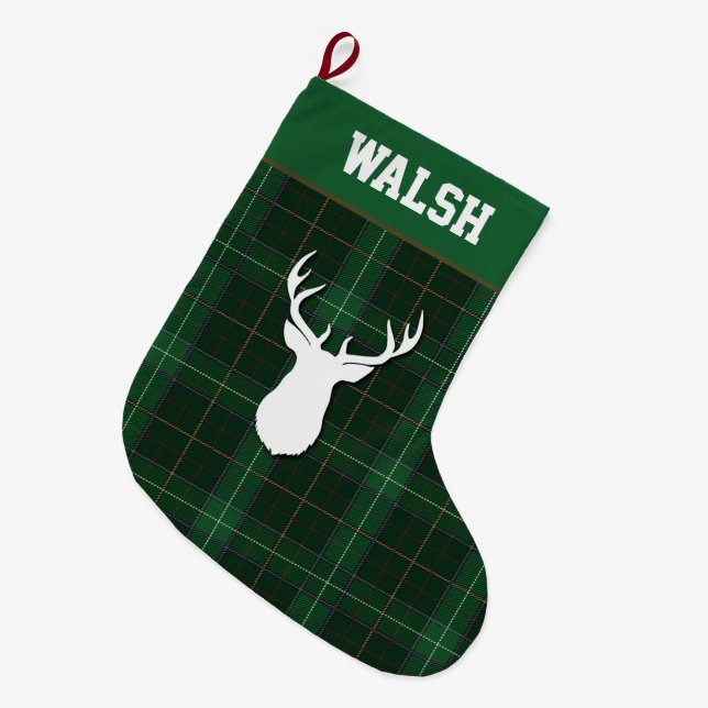 Personalized Tartan Deer Plaid Walsh Large Christmas Stocking (Front (Hanging))