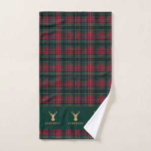 Personalized Tartan Plaid Stag Christmas Family Hand Towel