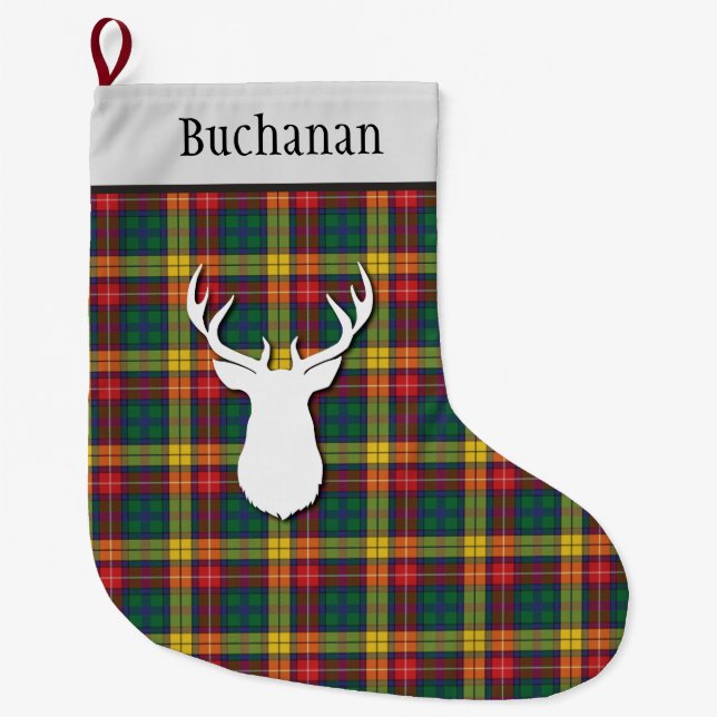 Personalized Tartan Red Yellow Plaid Clan Buchanan Large Christmas Stocking (Front)