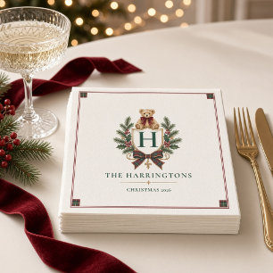Personalized Tartan Teddy Bear Crest Christmas Napkins