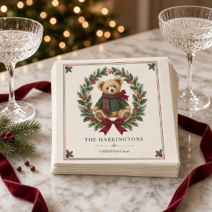 Personalized Tartan Teddy Bear Crest Christmas Napkins