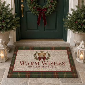 Personalized Tartan Teddy Bear Family Christmas  Fiber Doormat