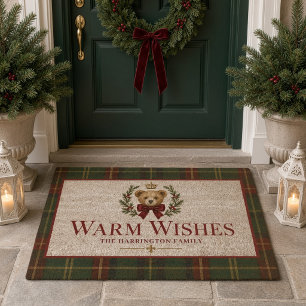 Personalized Tartan Teddy Bear Family Christmas Fiber Doormat