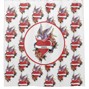 Personalized Tattoo Love Birds Heart Bathroom Shower Curtain