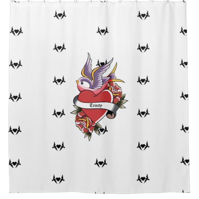 Personalized Tattoo Love Birds Heart Shower Curtain (Front)