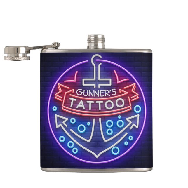 Personalized Tattoo Shop Nautical Neon Sign Style Flask (Opened)