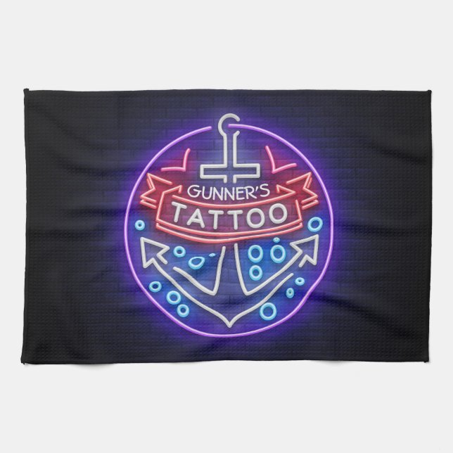 Personalized Tattoo Shop Nautical Neon Sign Style Kitchen Towel (Horizontal)