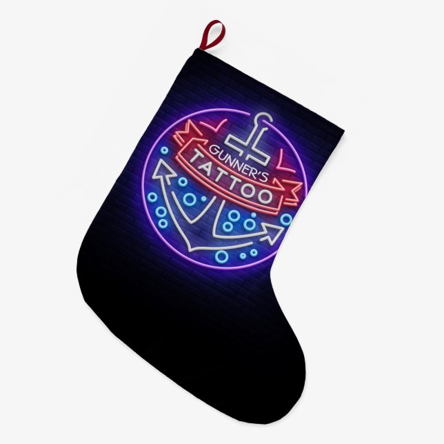 Personalized Tattoo Shop Nautical Neon Sign Style Large Christmas Stocking (Front (Hanging))