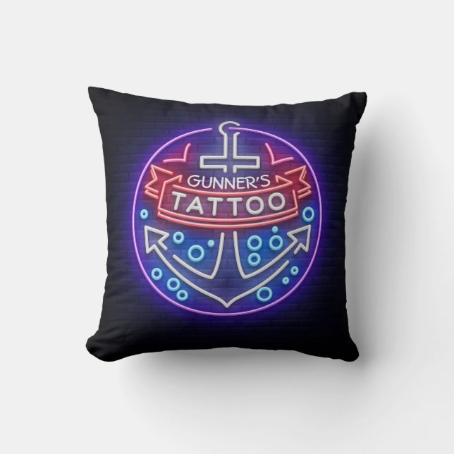 Personalized Tattoo Shop Nautical Neon Sign Style Throw Pillow (Front)