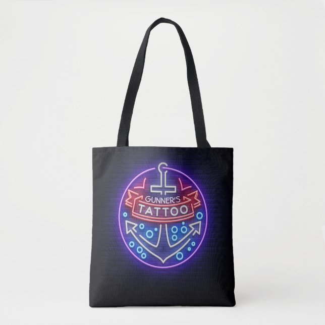 Personalized Tattoo Shop Nautical Neon Sign Style Tote Bag (Front)