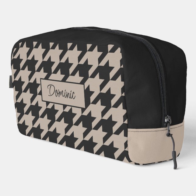 Personalized Taupe Beige Black Houndstooth Pattern Dopp Kit (Right Corner)
