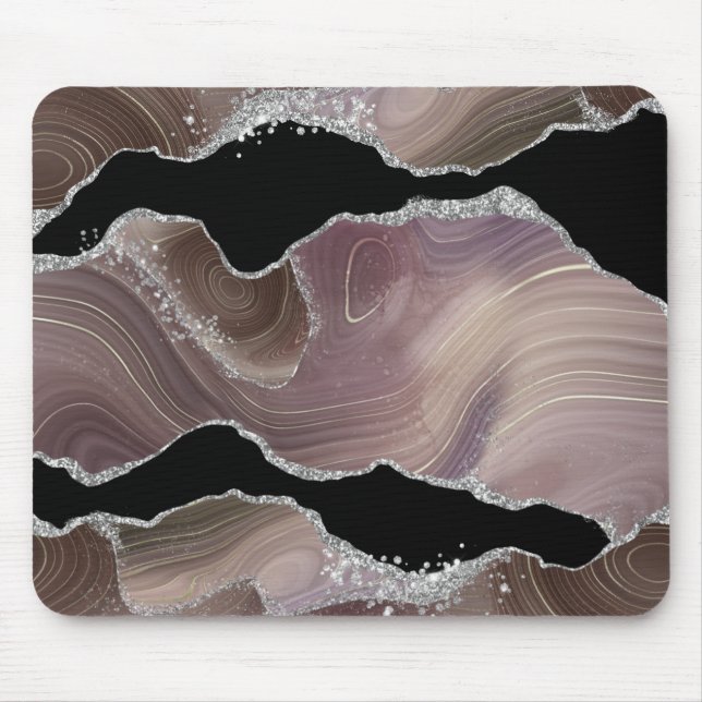 Personalized Taupe & Black Agate Silver Glitter Mouse Pad (Front)