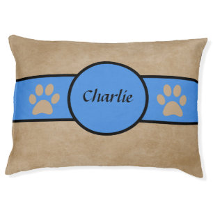 Personalized Taupe & Blue Paw Print Dog Bed