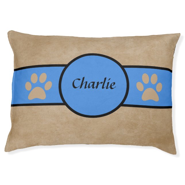 Personalized Taupe & Blue Paw Print Dog Bed  (Front)