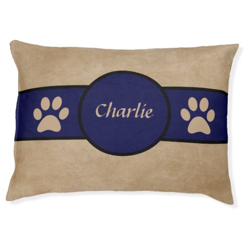 Personalized Taupe  Navy Blue Paw Print Dog Bed 