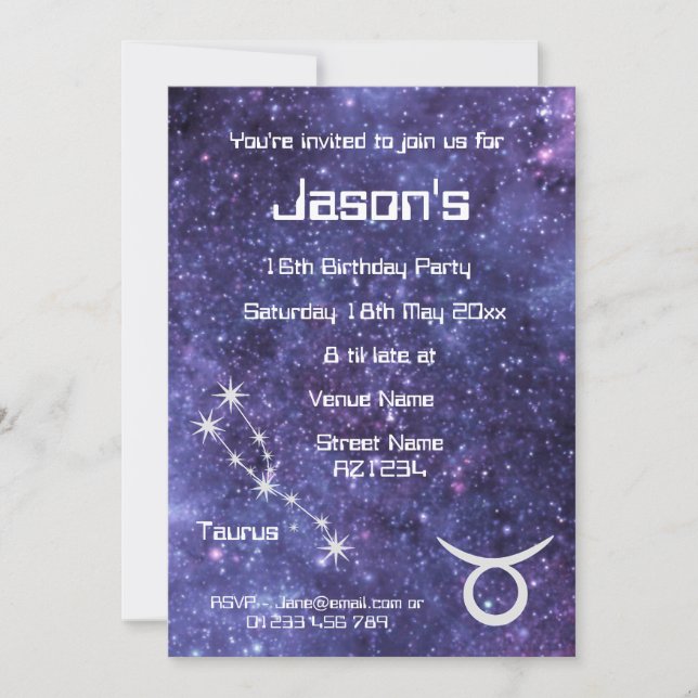 Personalized Taurus Zodiac Galaxy Party Invitation (Front)