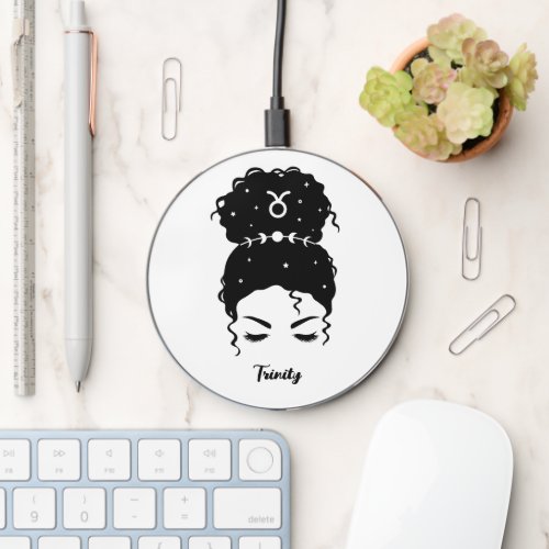 Personalized Taurus zodiac messy bun updo lashes Wireless Charger