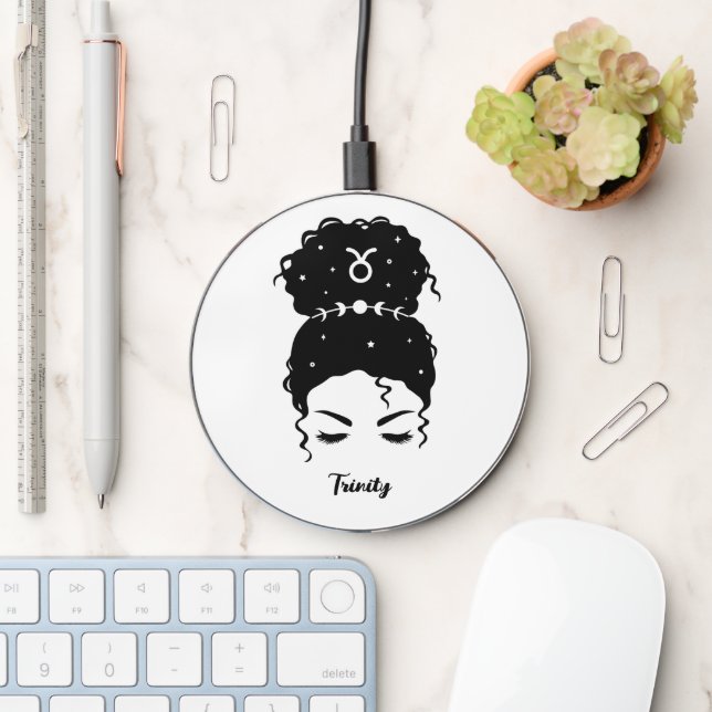 Personalized Taurus zodiac messy bun updo lashes Wireless Charger (Desk)