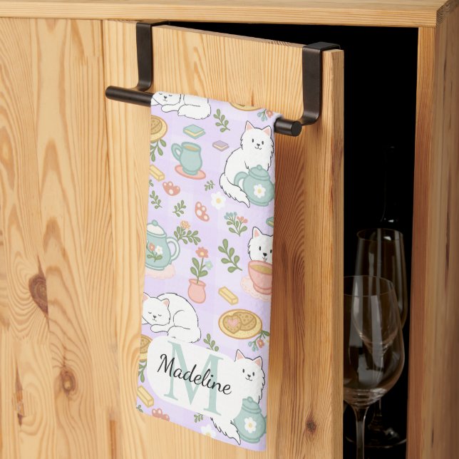 Personalized Tea & Baker Cat Monogram Kitchen Towel (Thirds Fold)
