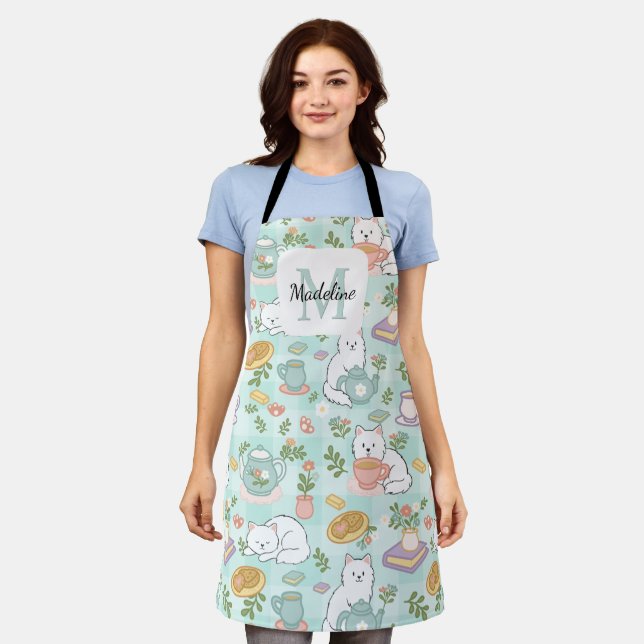Personalized Tea Book Cat Girl Kitchen Green Apron (Worn)