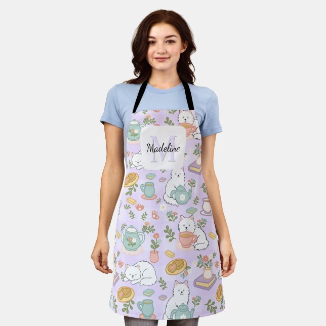 Personalized Tea Bookish Cats Cute Kitchen Purple Apron (Worn)