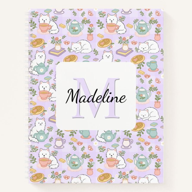 Personalized Tea & Bookish Cats Pastel Name Notebook (Front)