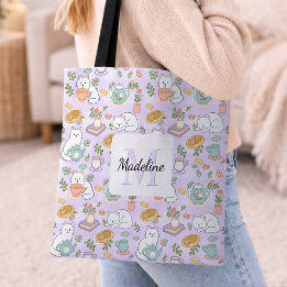 Personalized Tea & Bookish Cats Purple Girly Tote Bag