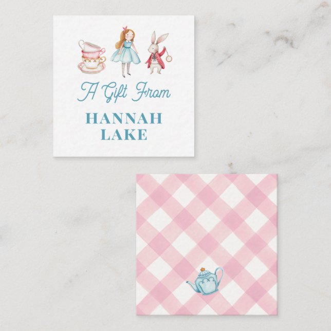 Personalized Tea Party Pink Gingham Girls Gift Enclosure Card (Front/Back)