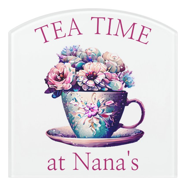 Personalized Tea Time | Pretty Tea Cup of Flowers Door Sign (Contour Front)