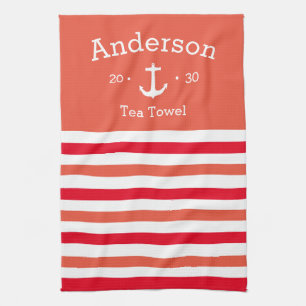 Personalized Tea Towel - Striped O/Red Nautical
