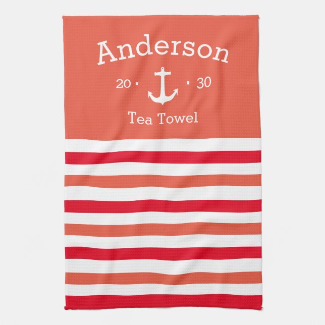 Personalized Tea Towel - Striped O/Red Nautical (Vertical)