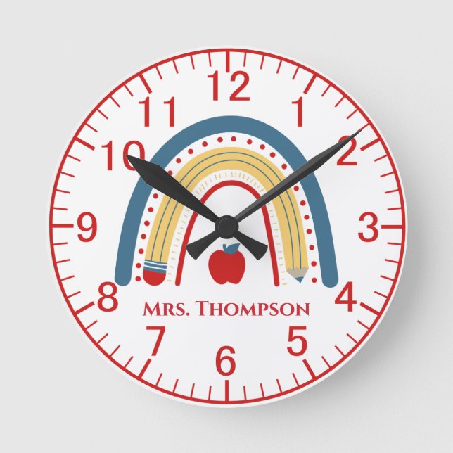 Personalized Teacher Apple Rainbow Round Clock (Front)
