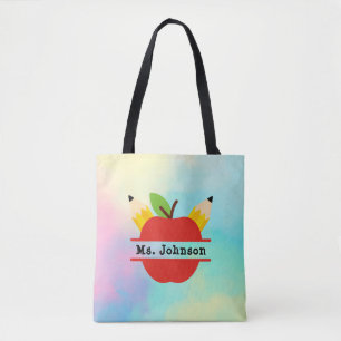 Personalized Teacher Apple Watercolor Rainbow Tote Bag