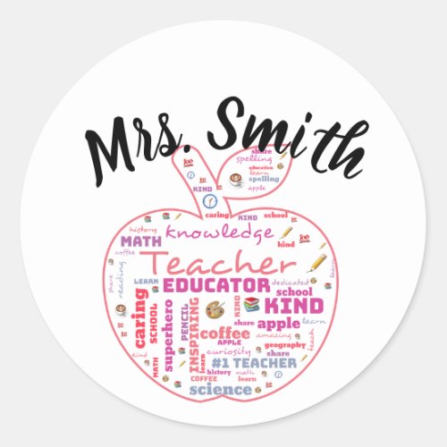 Personalized Teacher Apple Word Art  Classic Round Sticker