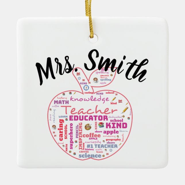 Personalized Teacher Apple Word Art Gift Ceramic Ornament (Front)