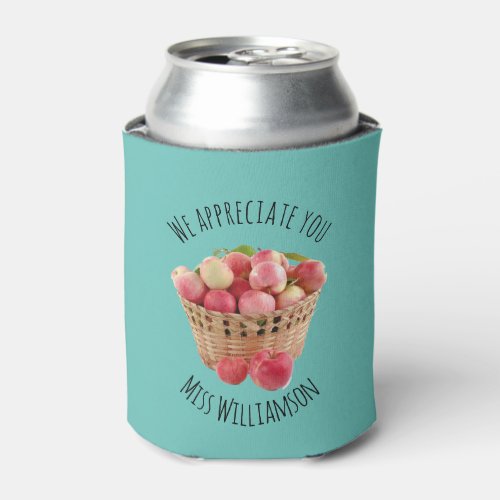 Personalized TEACHER APPRECIATION Apples TEAL Can Cooler