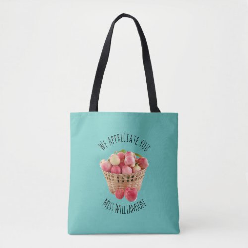 Personalized TEACHER APPRECIATION Apples TEAL Tote Bag
