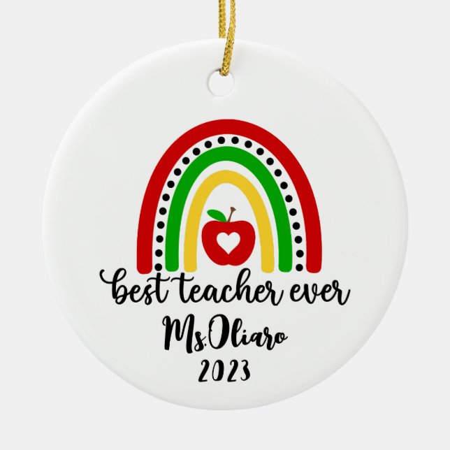 Personalized Teacher Appreciation Gift Rainbow Ceramic Ornament (Front)