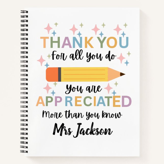 Personalized teacher appreciation thank you  notebook (Front)